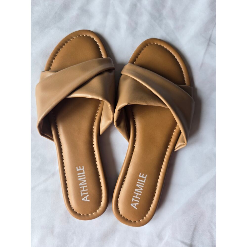 Women's Cushioned Tan Soft Leather Slip-on Elegant Sandals Size 7 ATHMILE